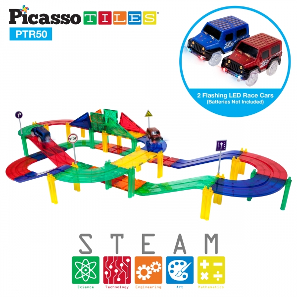 PicassoTiles 50 Piece 3D Magnetic Building Blocks - Race Track Set