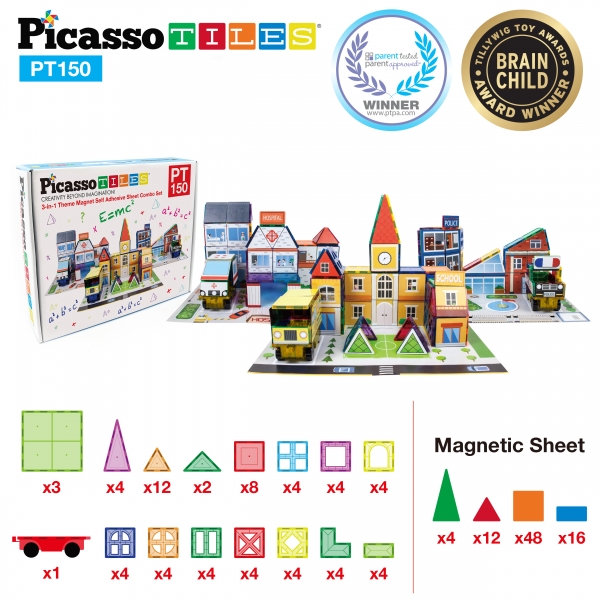 PicassoTiles 150 Piece 3D Magnetic Building Blocks & Stickers Set (1 Car Truck Included)