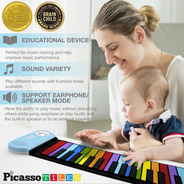 PicassoTiles Kid's 49-Key Flexible Roll-Up Piano Rainbow Keyboard