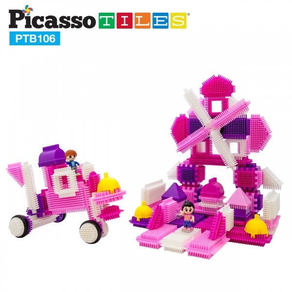 PicassoTiles 106 Piece Pink Edition Bristle Shape Blocks Set