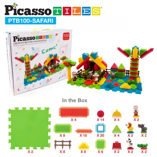 PicassoTiles 100 Piece Safari Theme Bristle Shape Blocks Set