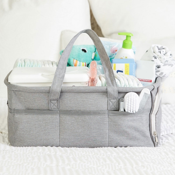Baby Diaper Caddy Organizer by - Zipper Pocket - Large 15x12x7 Portable Diaper Holder Basket f- 3 Insert Compartments - Grey Canvas Tote - Boy or Girl