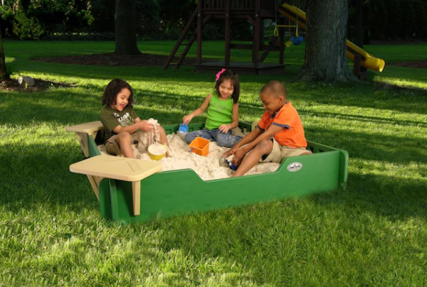 5x5 SandLock Plastic Sandbox for Kids Outdoor Play. w/ Cover, Ground Barrier, 2 Corner Seats
